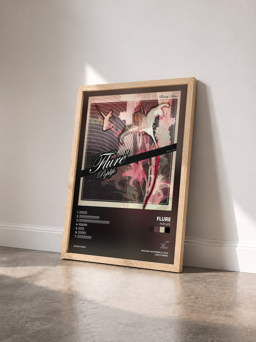 #bois Tableau de l'album Pop Life de Flure vu de trois quarts, cadre en bois brut
