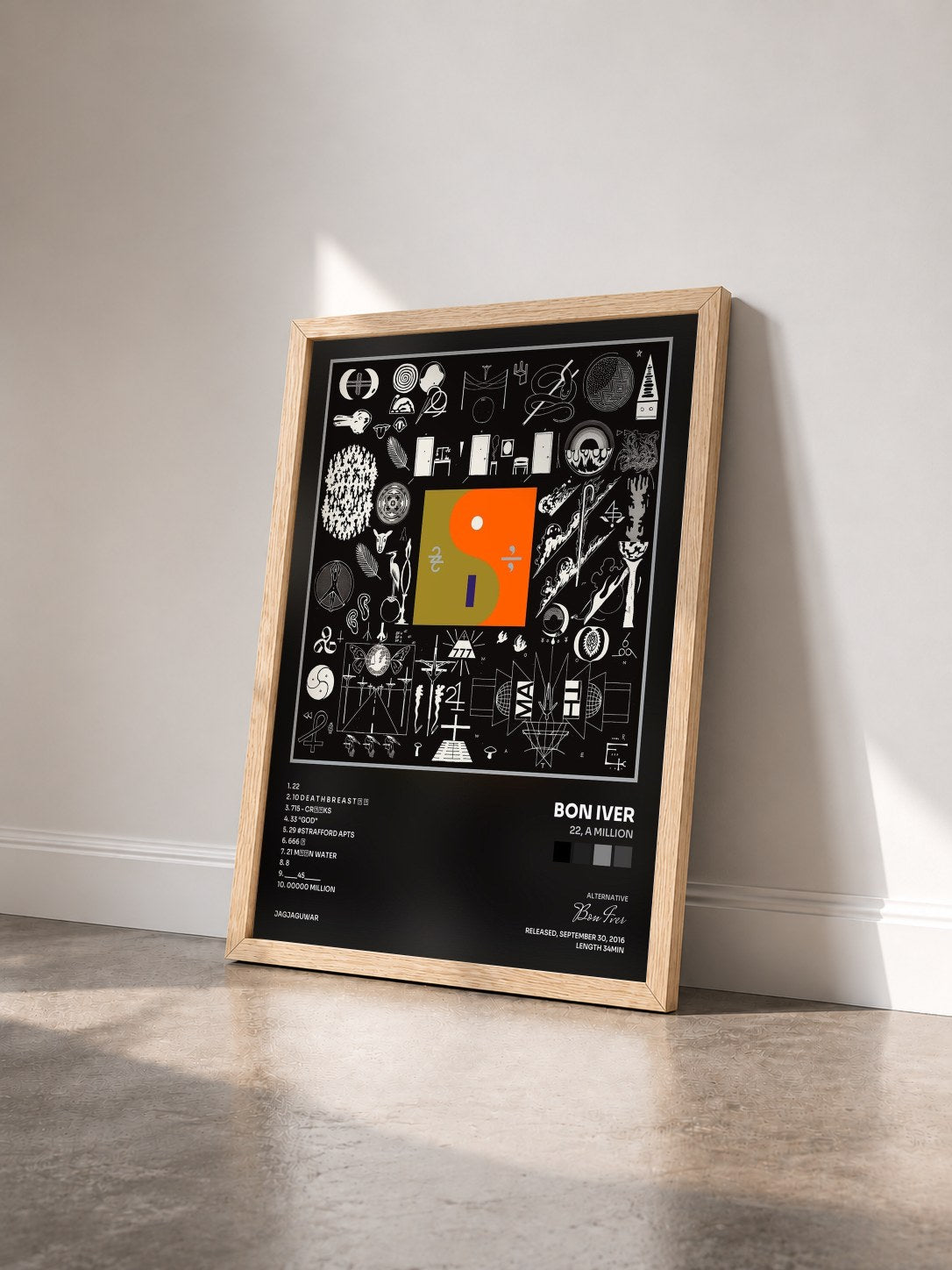 #bois Tableau de l'album 22, A Million de Bon Iver vu de trois quarts, cadre en bois brut