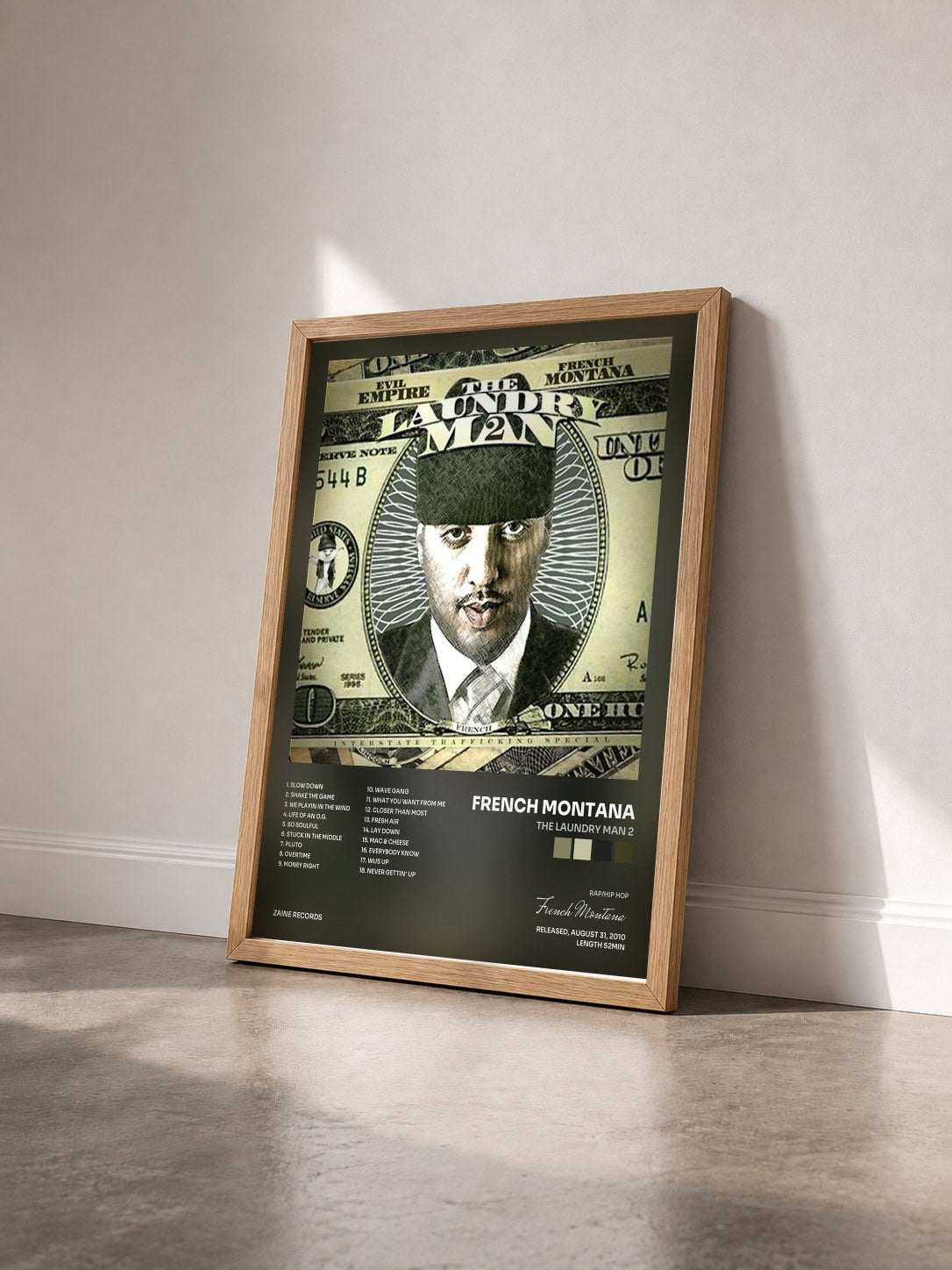 #bois Tableau de l'album The Laundry Man 2 de French Montana vu de trois quarts, cadre en bois brut