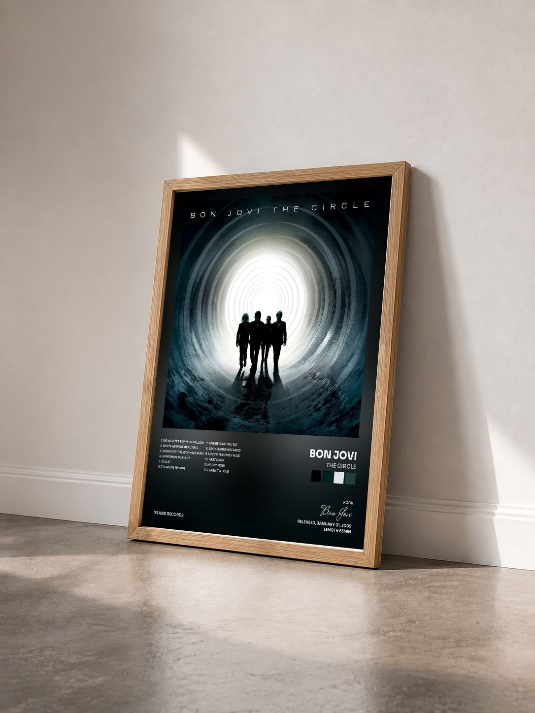 #bois Tableau de l'album The Circle de Bon Jovi vu de trois quarts, cadre en bois brut
