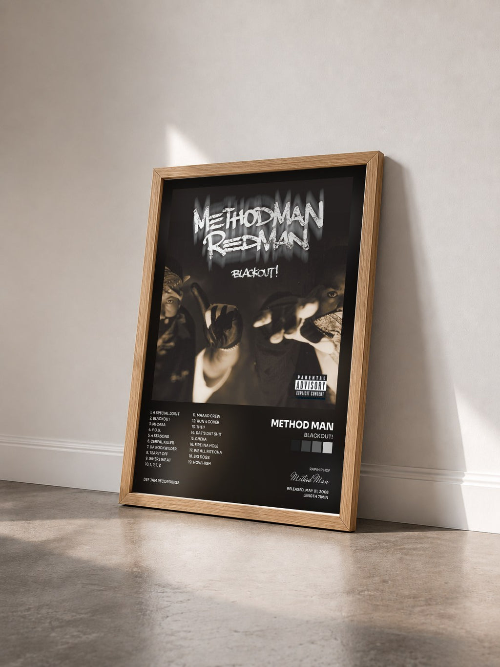 #bois Tableau de l'album Blackout! de Method Man vu de trois quarts, cadre en bois brut