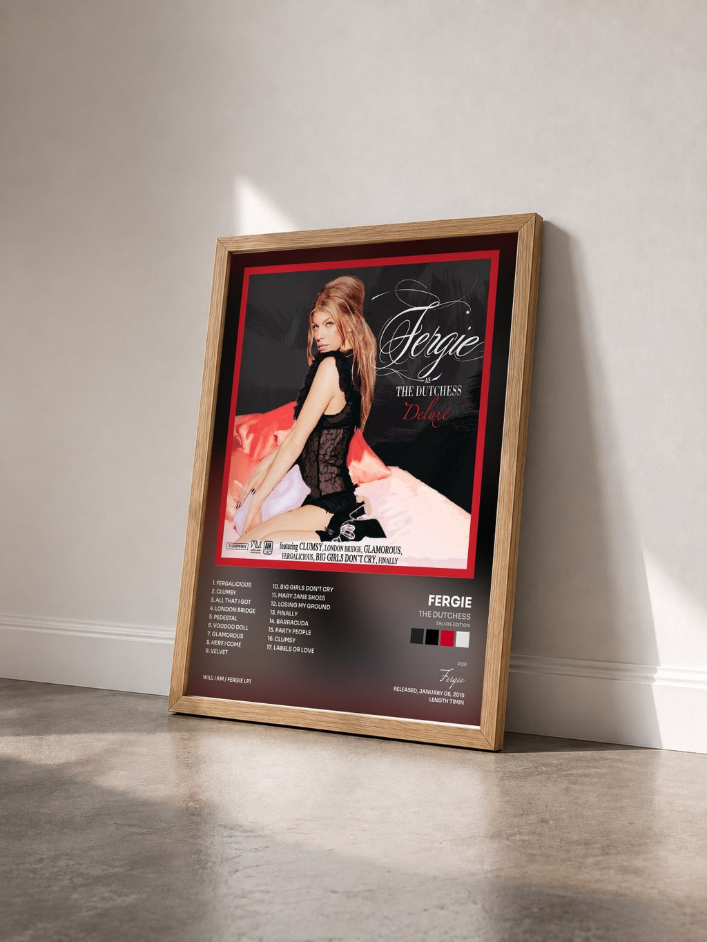 #bois Tableau de l'album The Dutchess (Deluxe Edition) de Fergie vu de trois quarts, cadre en bois brut