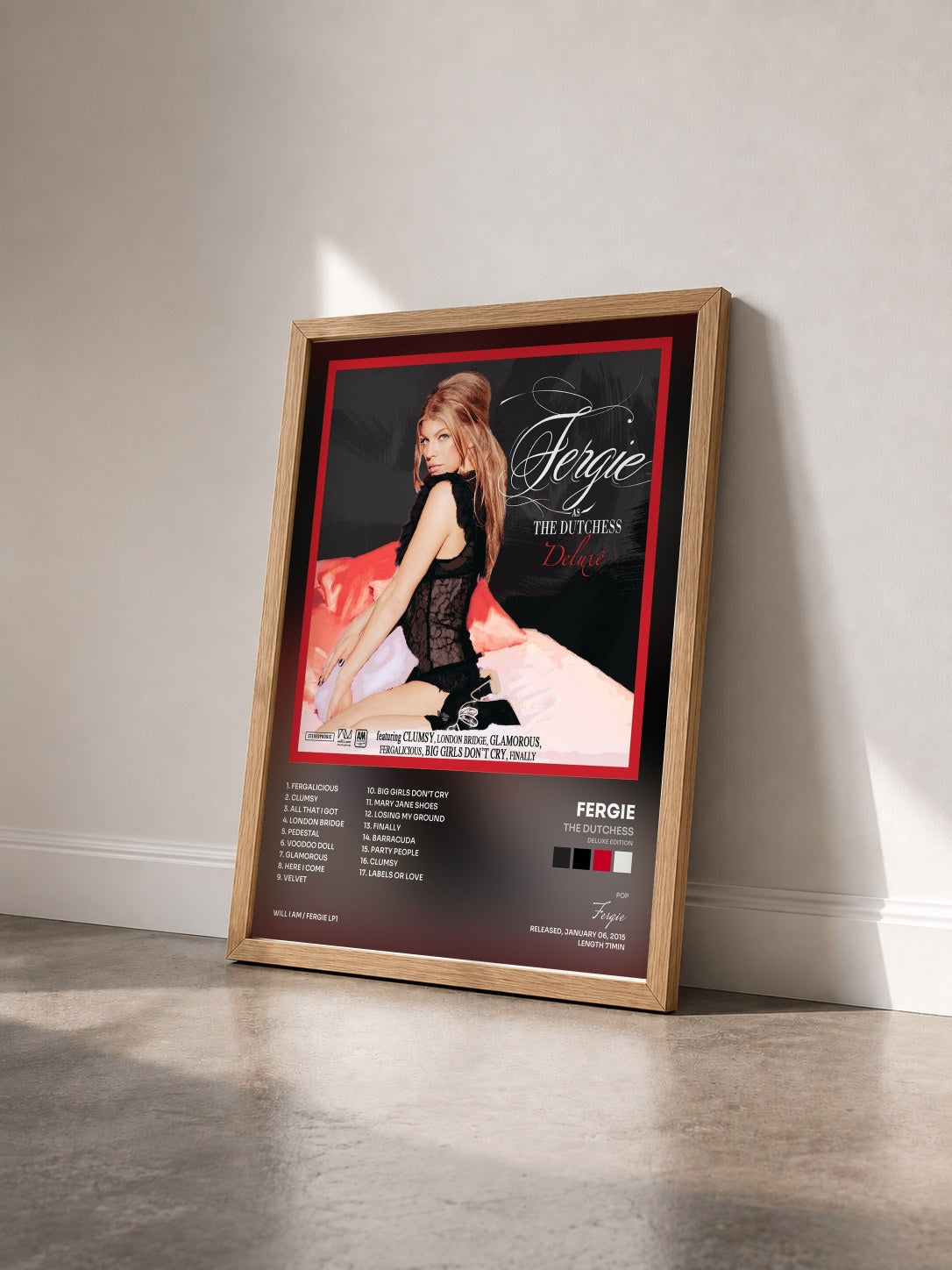 #bois Tableau de l'album The Dutchess (Deluxe Edition) de Fergie vu de trois quarts, cadre en bois brut