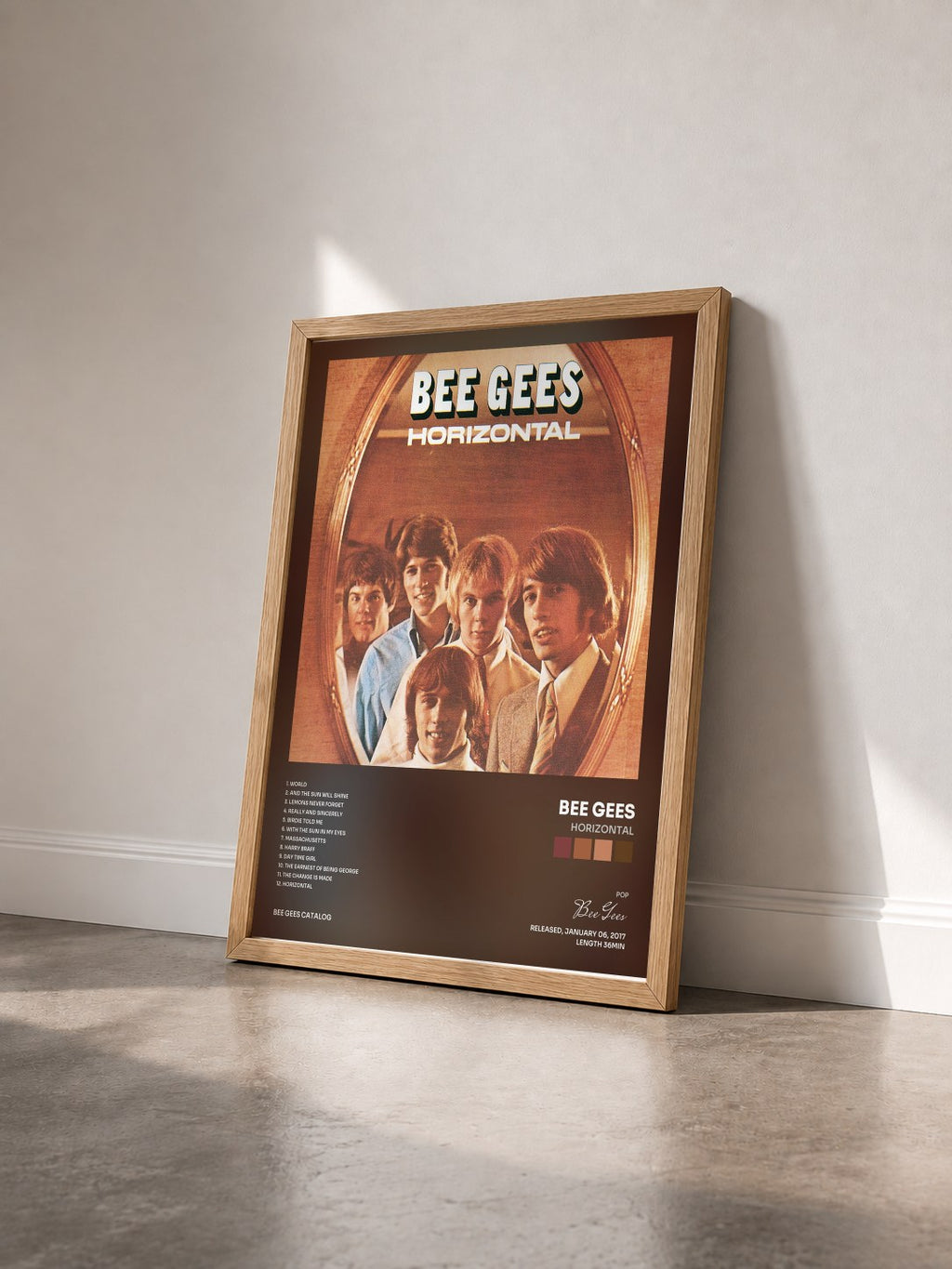#bois Tableau de l'album Horizontal de Bee Gees vu de trois quarts, cadre en bois brut