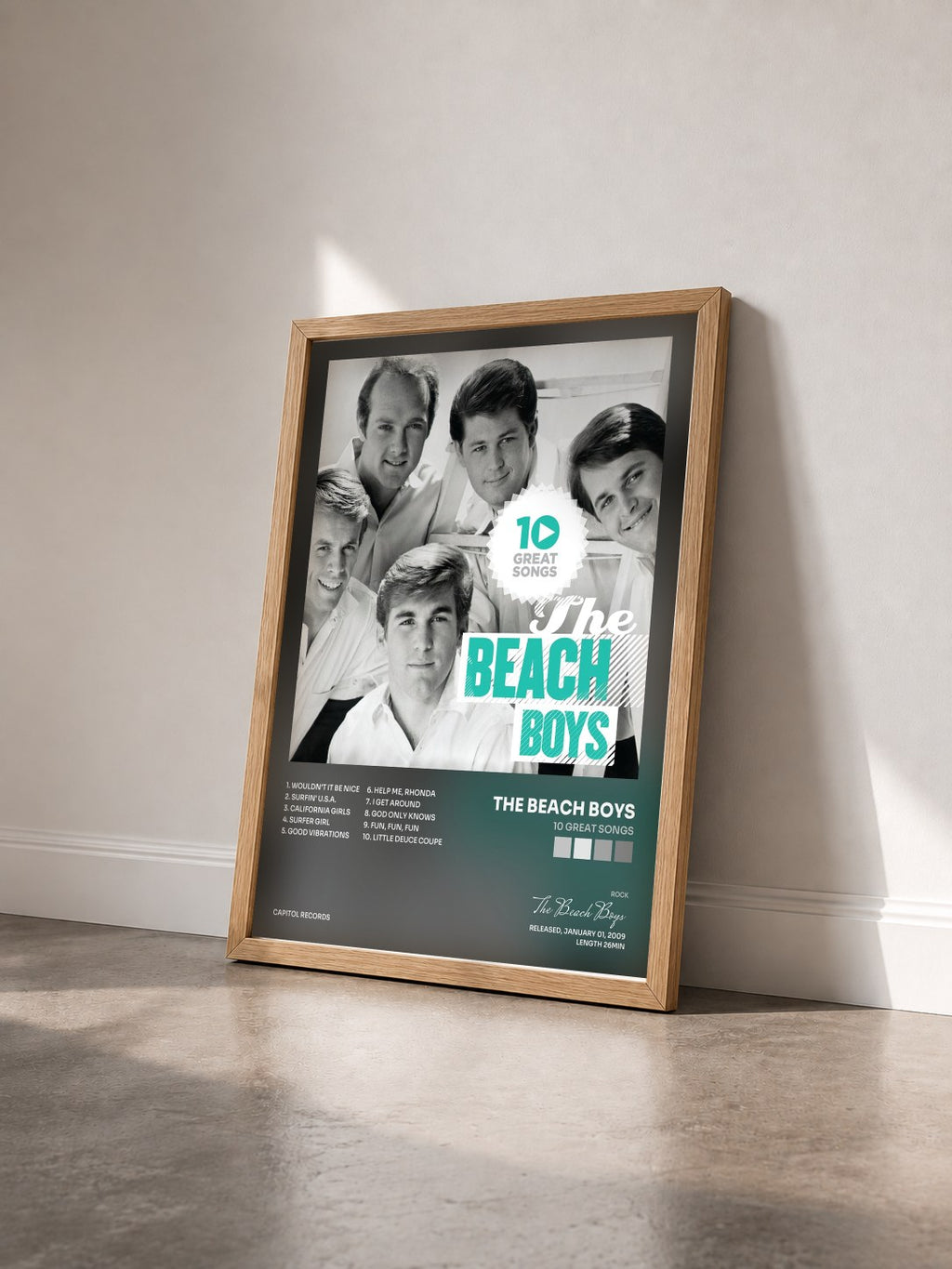 #bois Tableau de l'album 10 Great Songs de The Beach Boys vu de trois quarts, cadre en bois brut