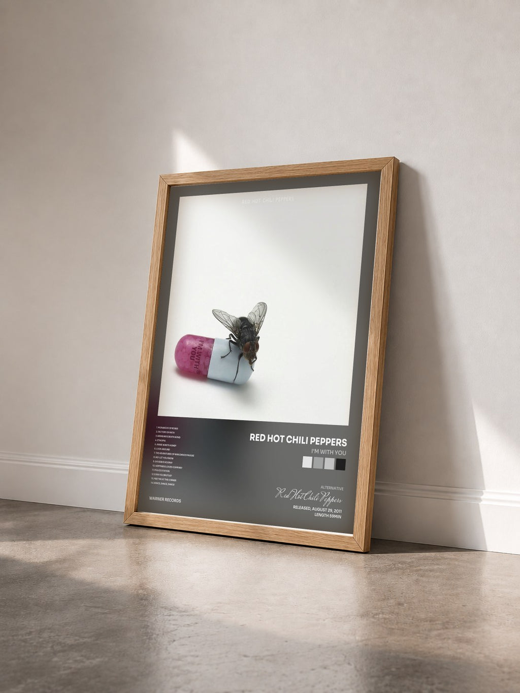 #bois Tableau de l'album I'm with You de Red Hot Chili Peppers vu de trois quarts, cadre en bois brut