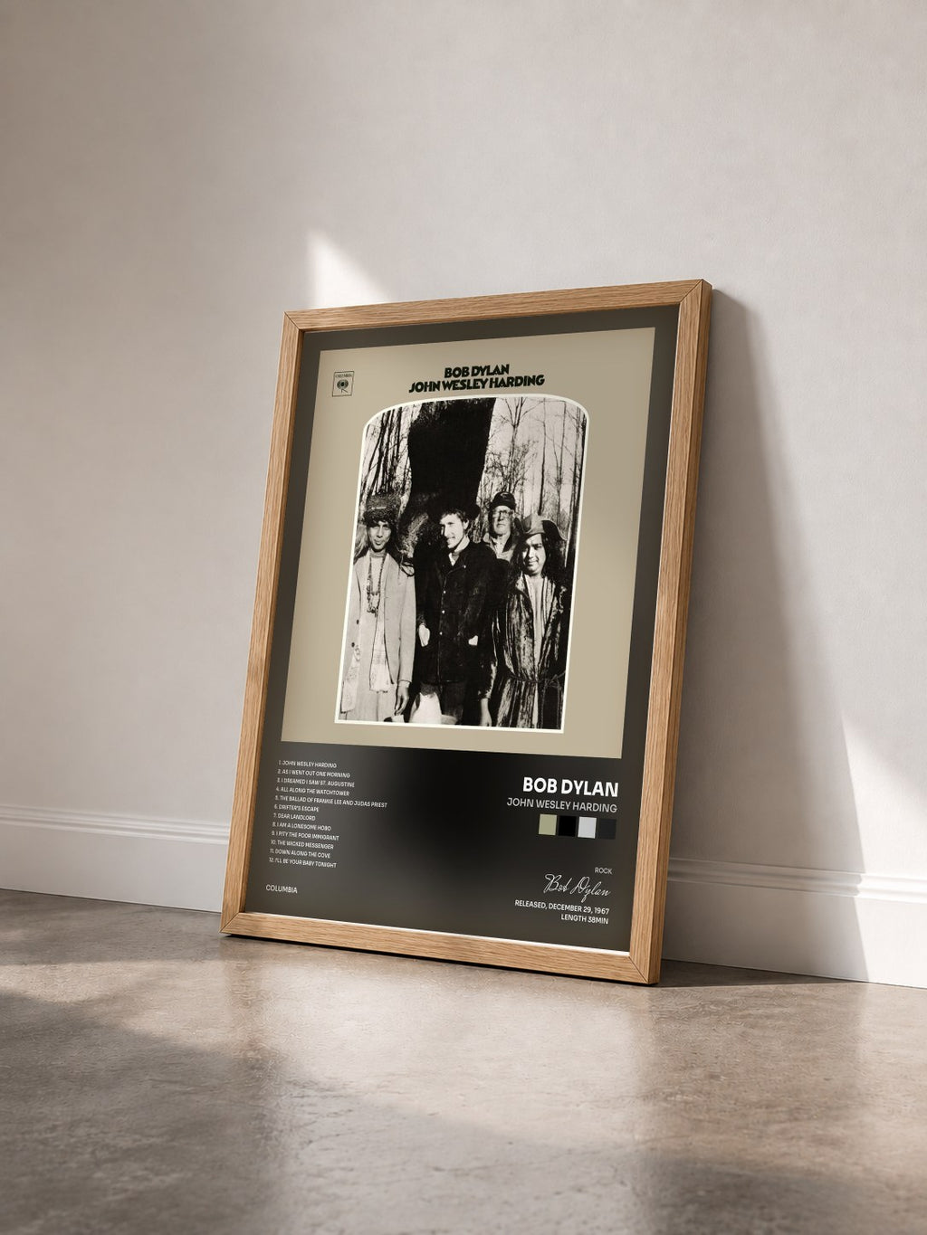 #bois Tableau de l'album John Wesley Harding de Bob Dylan vu de trois quarts, cadre en bois brut