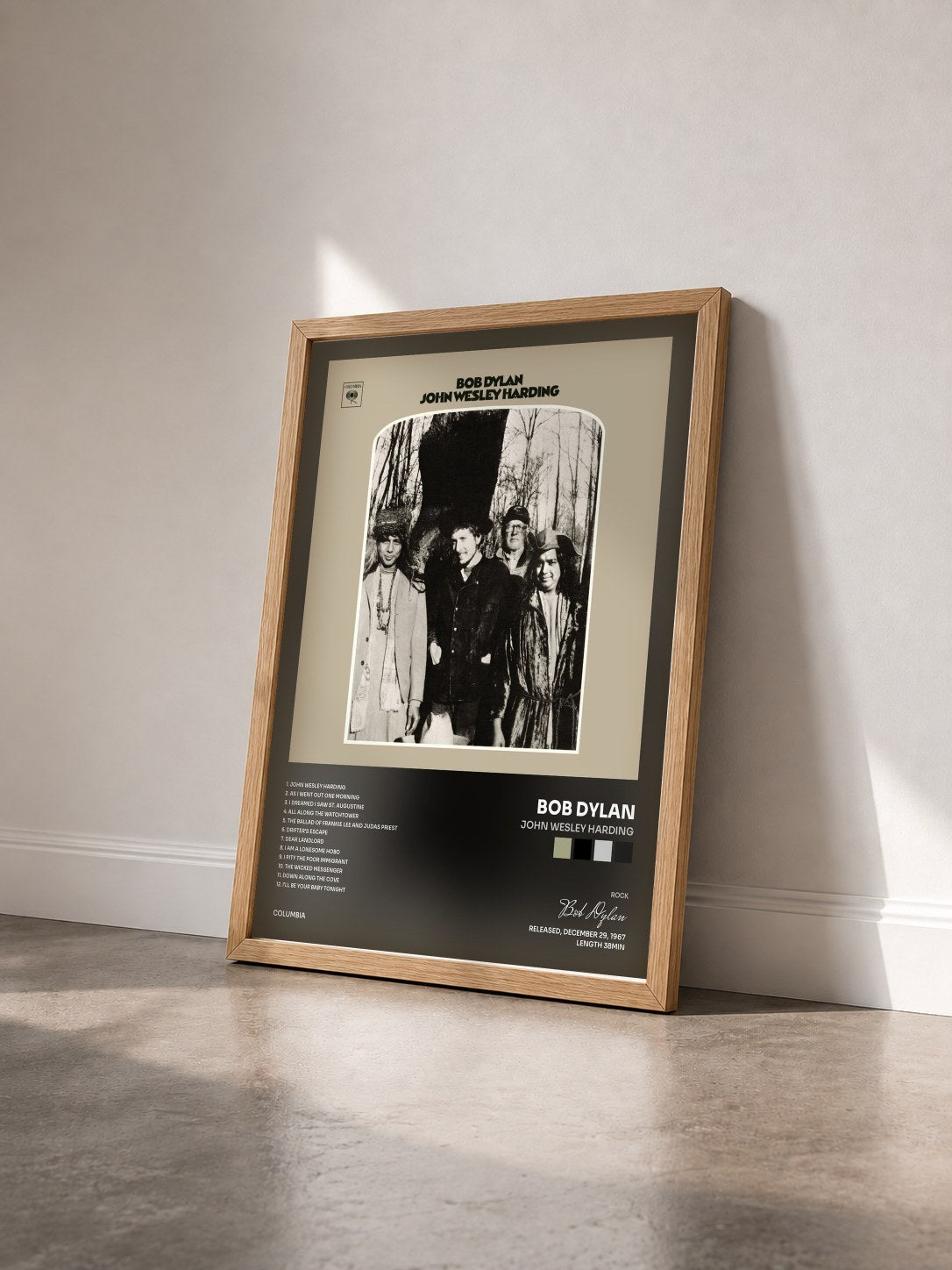 #bois Tableau de l'album John Wesley Harding de Bob Dylan vu de trois quarts, cadre en bois brut