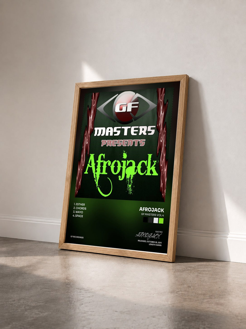 #bois Tableau de l'album GF Masters Vol 4 de AFROJACK vu de trois quarts, cadre en bois brut