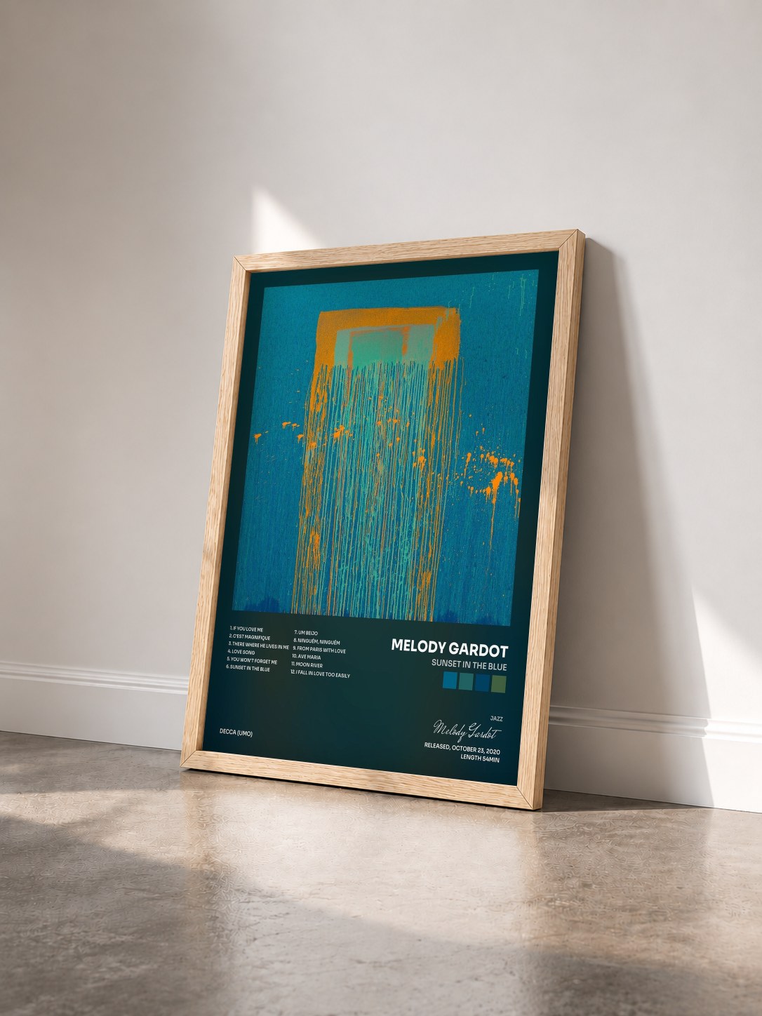 #bois Tableau de l'album Sunset In The Blue de Melody Gardot vu de trois quarts, cadre en bois brut