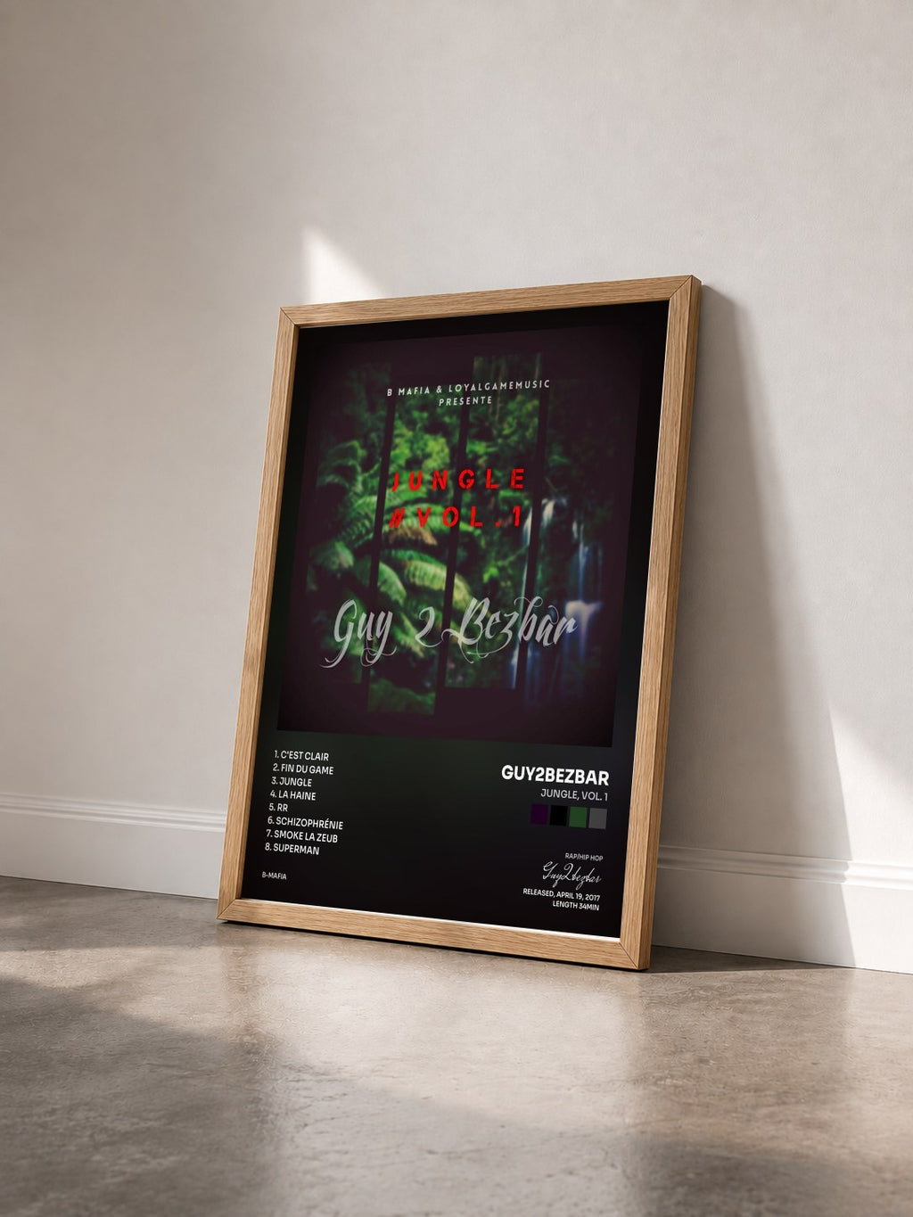 #bois Tableau de l'album Jungle, vol. 1 de Guy2bezbar vu de trois quarts, cadre en bois brut