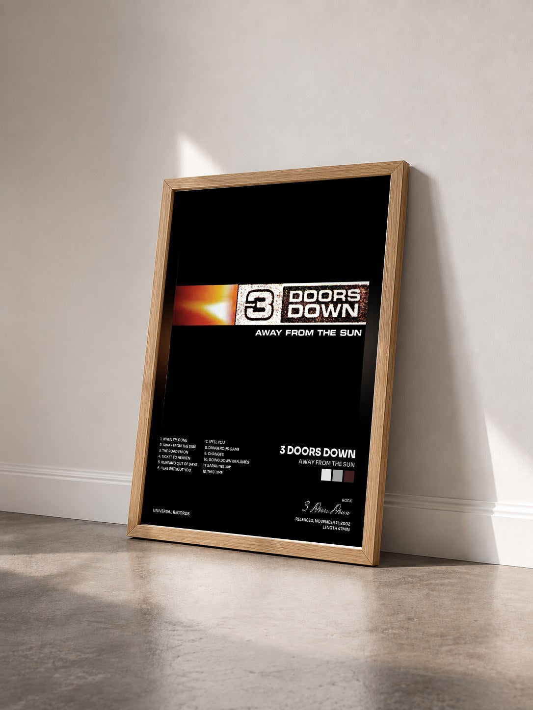 #bois Tableau de l'album Away From The Sun de 3 Doors Down vu de trois quarts, cadre en bois brut