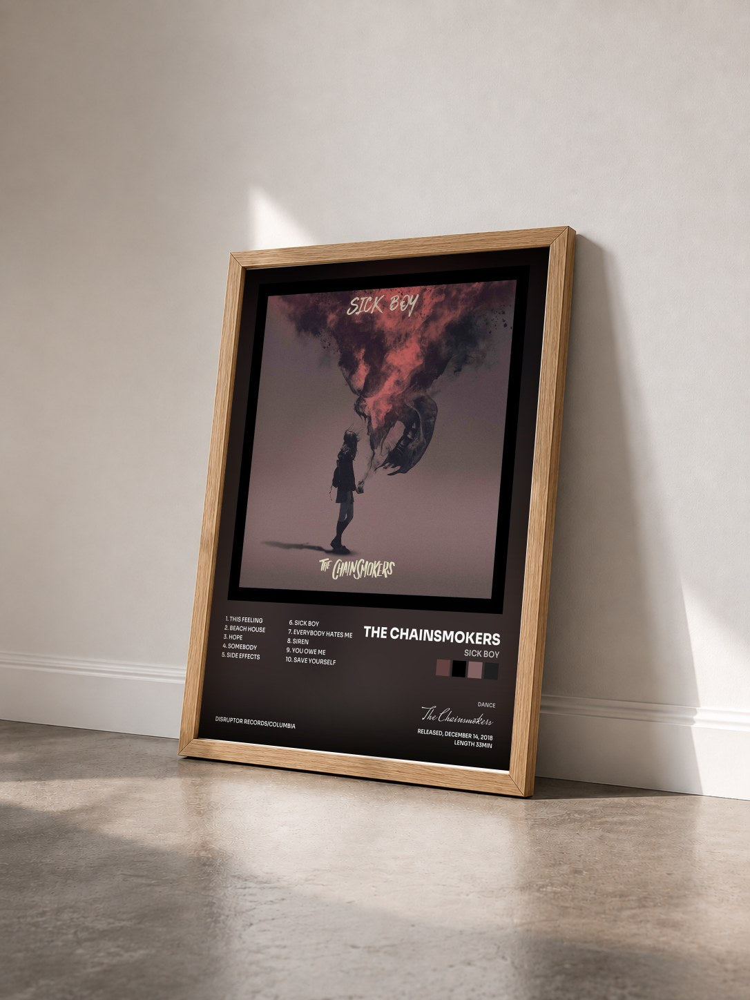 #bois Tableau de l'album Sick Boy de The Chainsmokers vu de trois quarts, cadre en bois brut