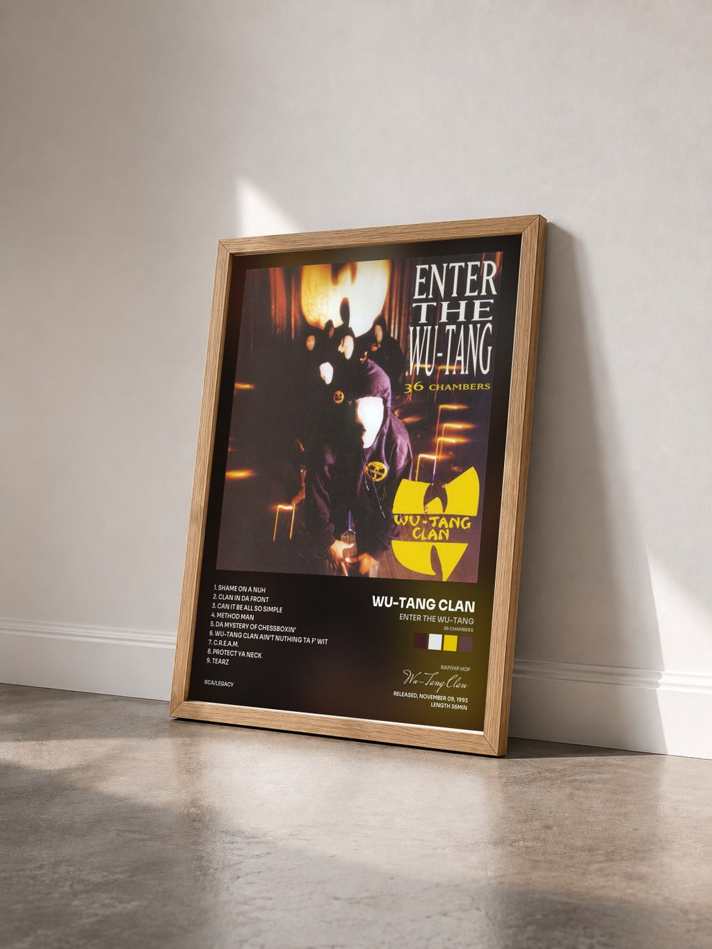 #bois Tableau de l'album Enter the Wu-Tang (36 Chambers) de Wu-Tang Clan vu de trois quarts, cadre en bois brut