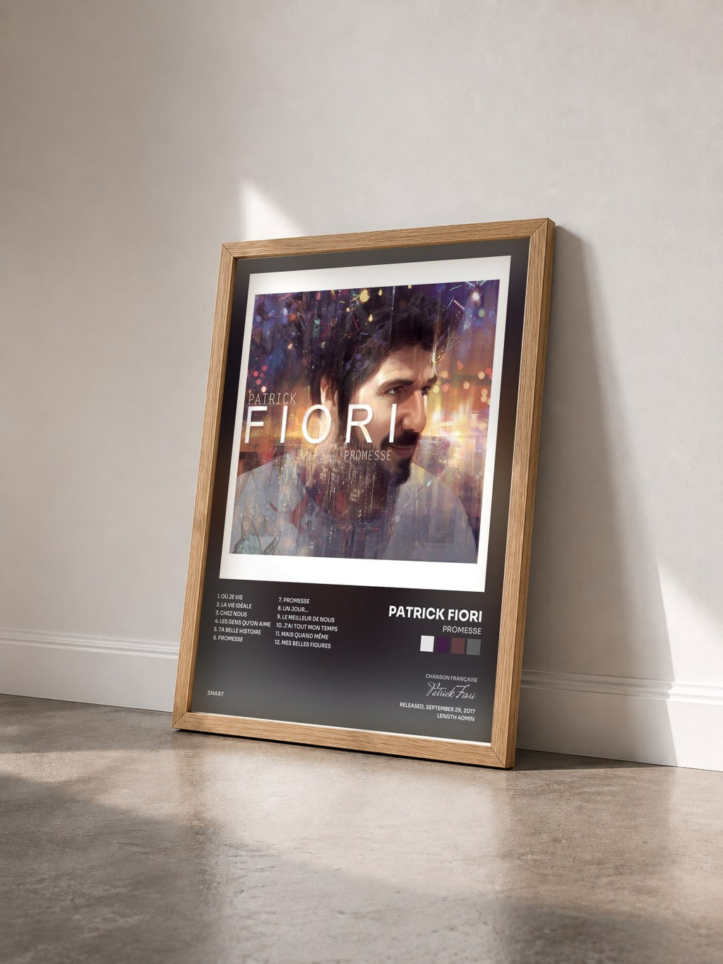#bois Tableau de l'album Promesse de Patrick Fiori vu de trois quarts, cadre en bois brut