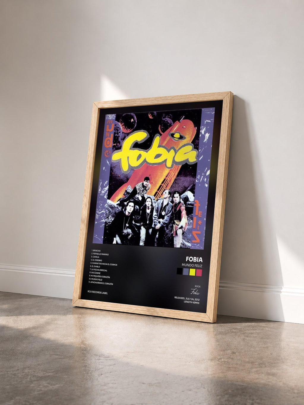 #bois Tableau de l'album Mundo Feliz de Fobia vu de trois quarts, cadre en bois brut