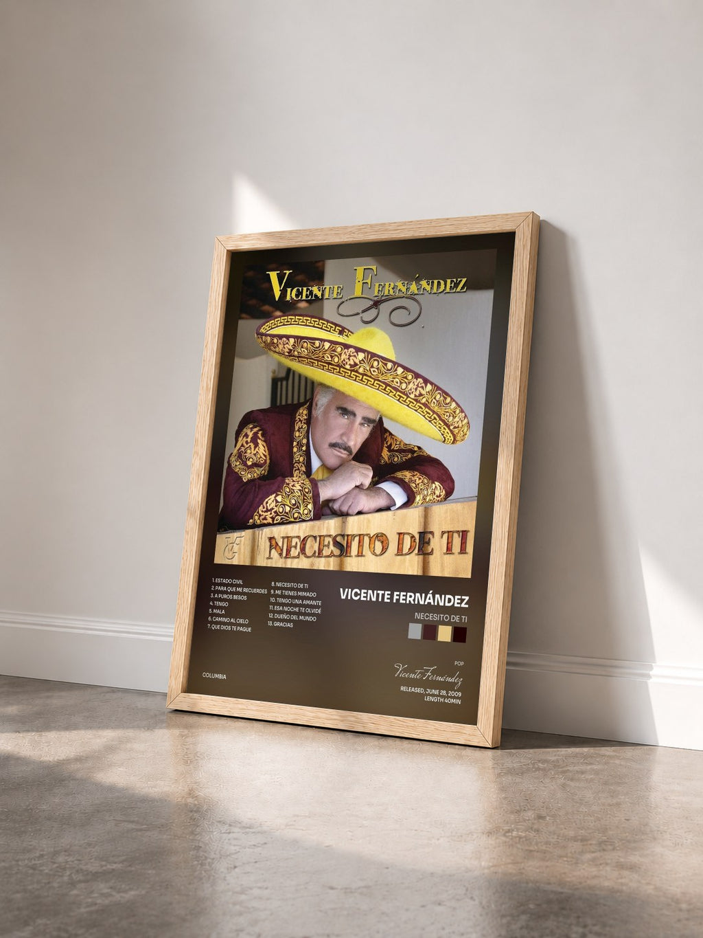#bois Tableau de l'album Necesito De Ti de Vicente Fernández vu de trois quarts, cadre en bois brut