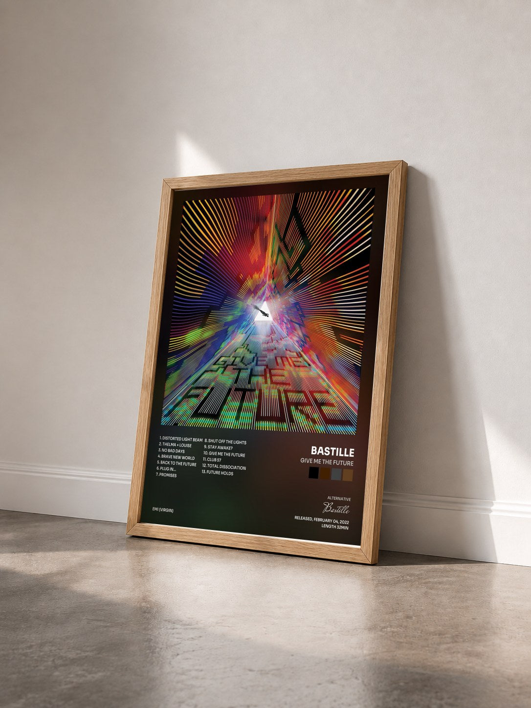 #bois Tableau de l'album Give Me The Future de Bastille vu de trois quarts, cadre en bois brut
