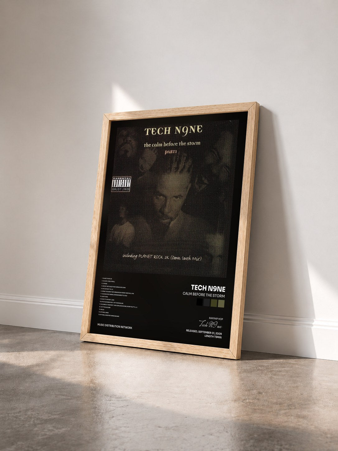 #bois Tableau de l'album Calm Before the Storm de Tech N9ne vu de trois quarts, cadre en bois brut