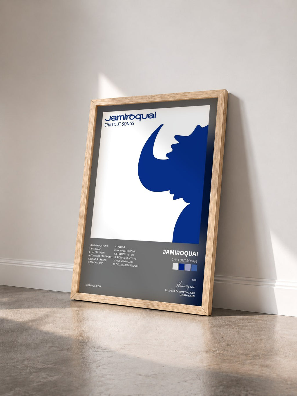 #bois Tableau de l'album Chillout Songs de Jamiroquai vu de trois quarts, cadre en bois brut