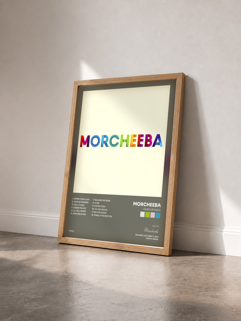 #bois Tableau de l'album Head Up High de Morcheeba vu de trois quarts, cadre en bois brut
