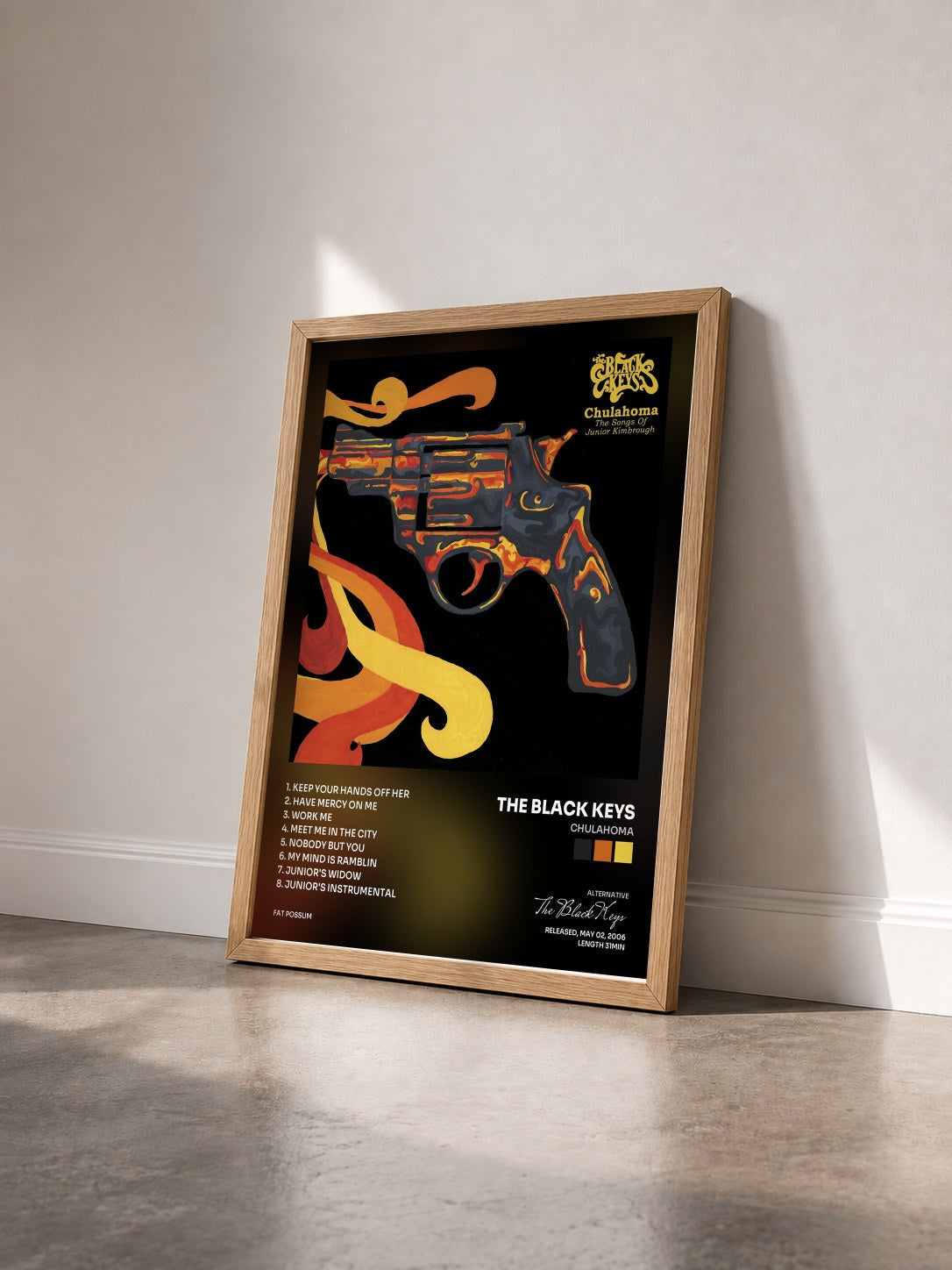 #bois Tableau de l'album Chulahoma de The Black Keys vu de trois quarts, cadre en bois brut