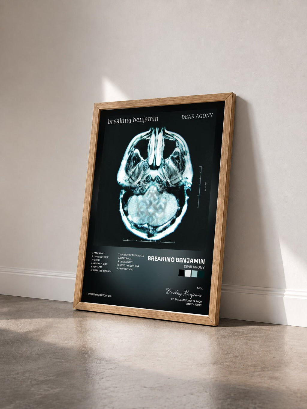 #bois Tableau de l'album Dear Agony de Breaking Benjamin vu de trois quarts, cadre en bois brut