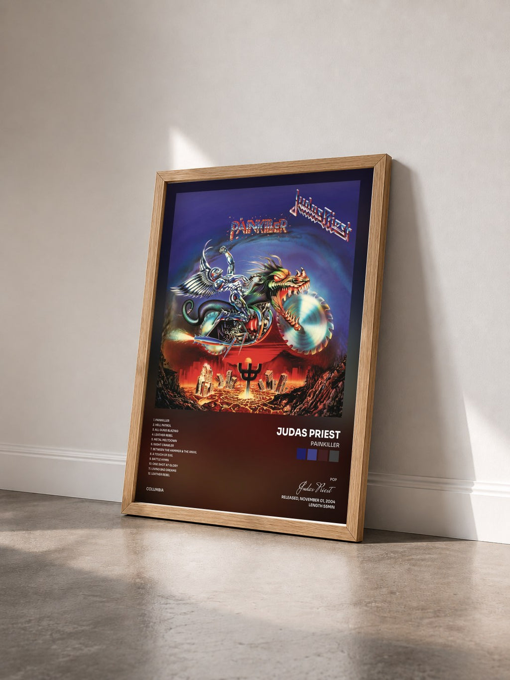 #bois Tableau de l'album Painkiller de Judas Priest vu de trois quarts, cadre en bois brut