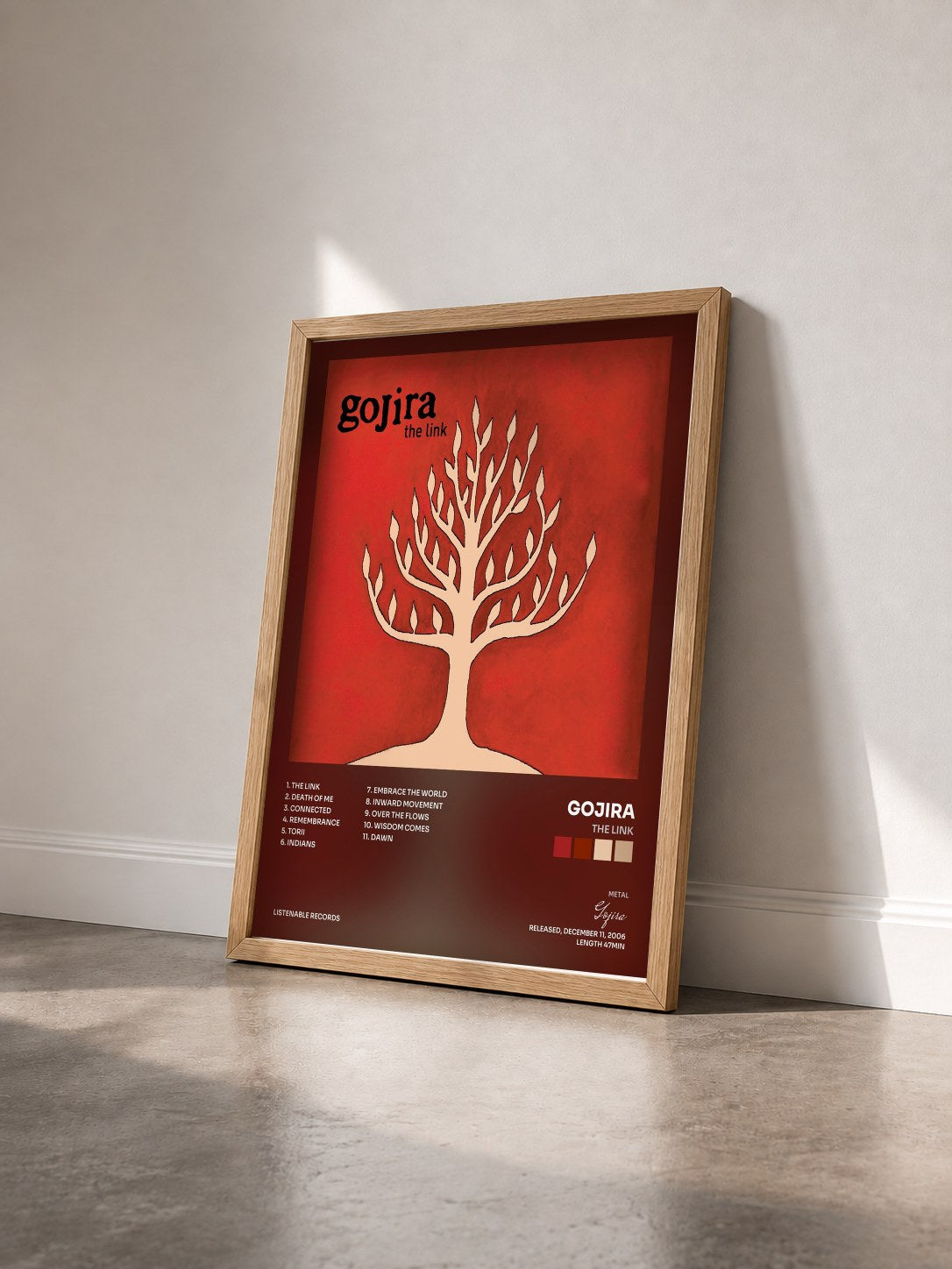 #bois Tableau de l'album The link de Gojira vu de trois quarts, cadre en bois brut