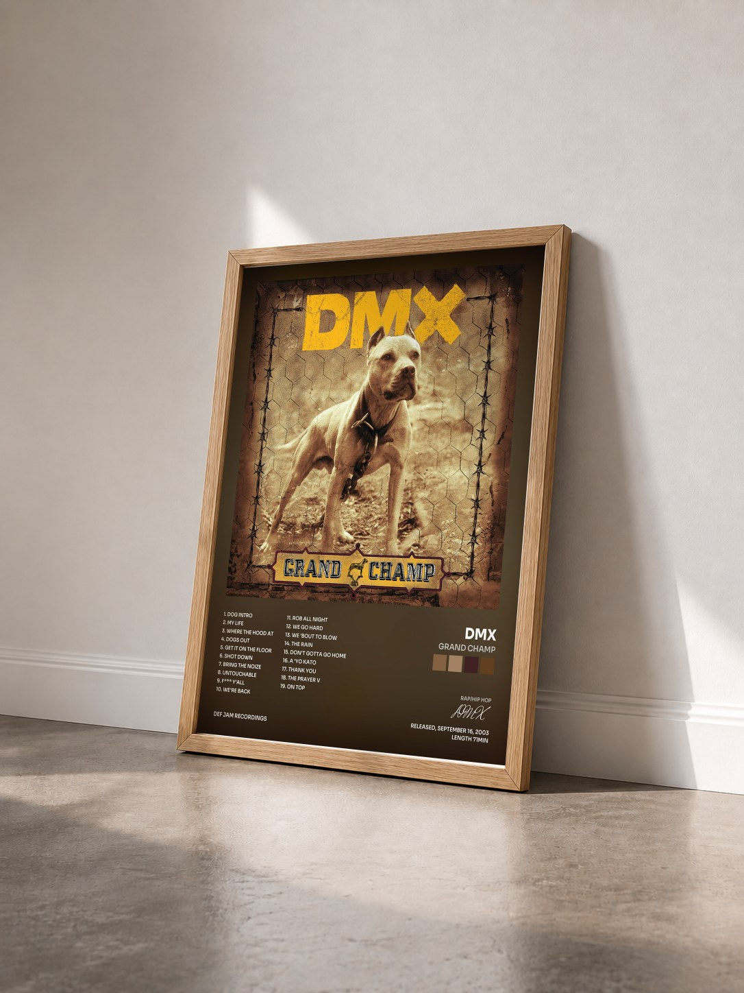 #bois Tableau de l'album Grand Champ de DMX vu de trois quarts, cadre en bois brut