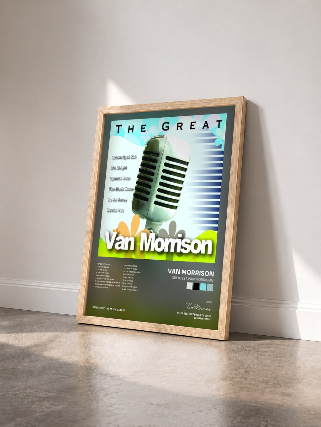 #bois Tableau de l'album Greatest Van Morrison de Van Morrison vu de trois quarts, cadre en bois brut