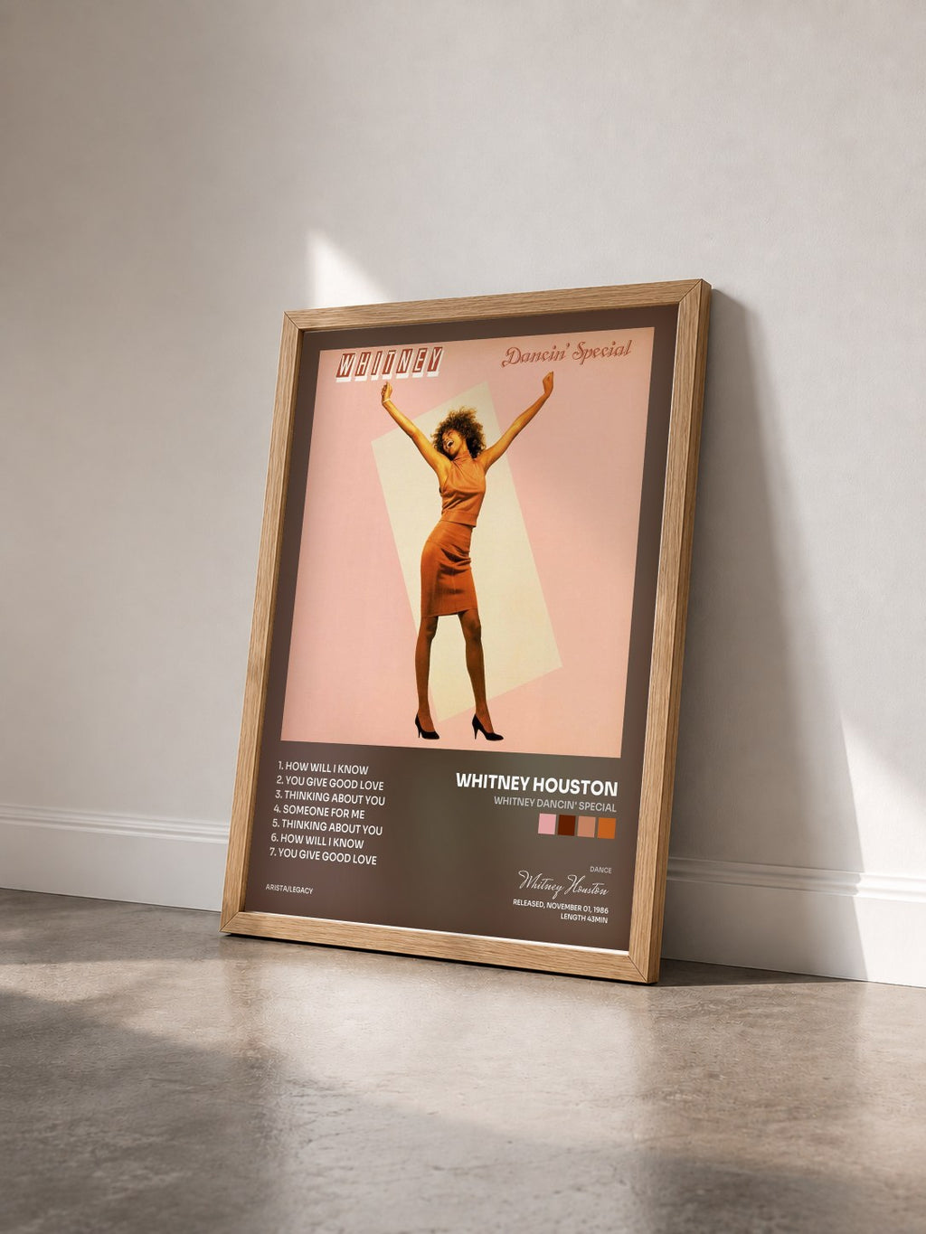 #bois Tableau de l'album Whitney Dancin' Special de Whitney Houston vu de trois quarts, cadre en bois brut