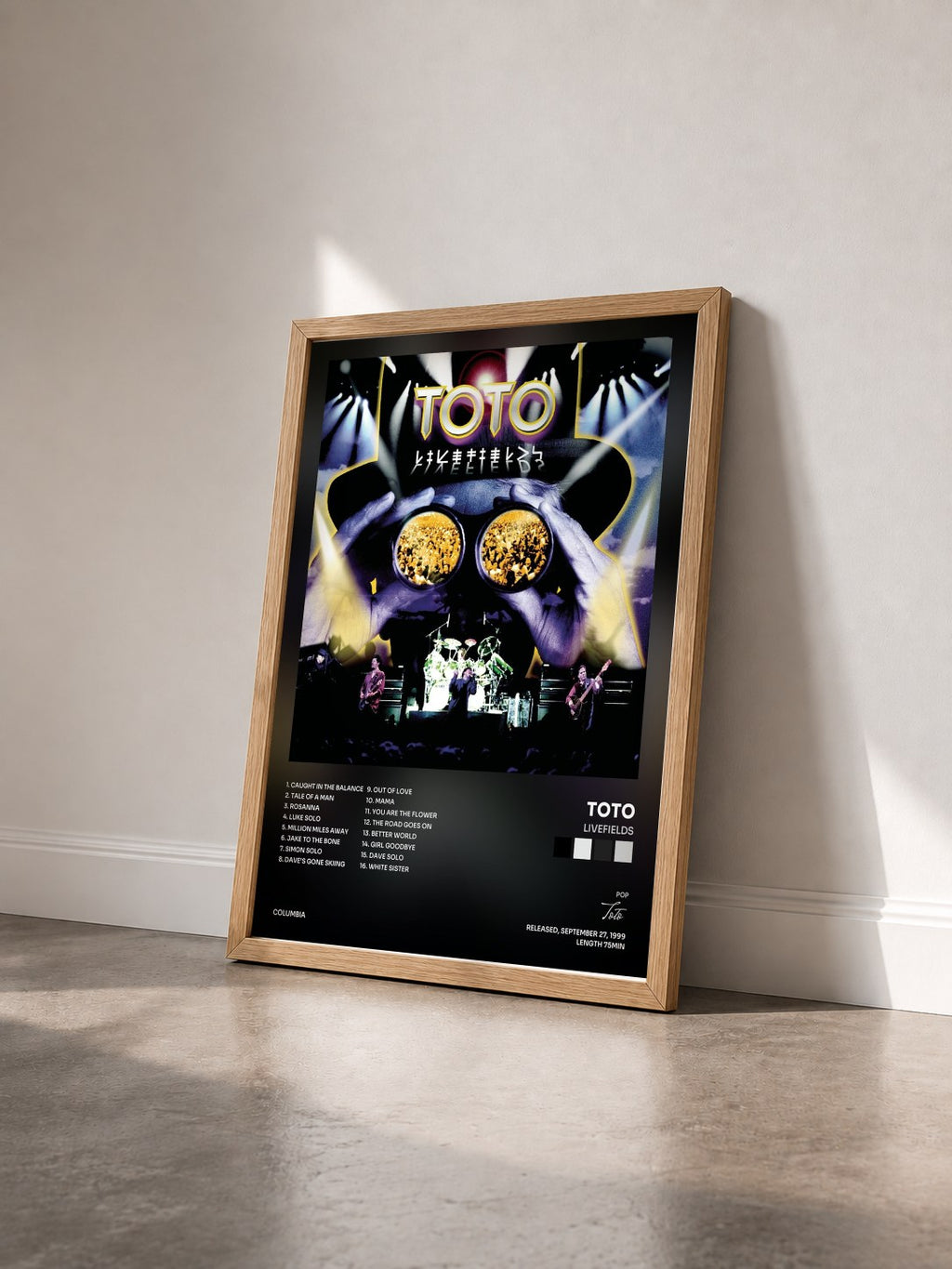 #bois Tableau de l'album Livefields de Toto vu de trois quarts, cadre en bois brut