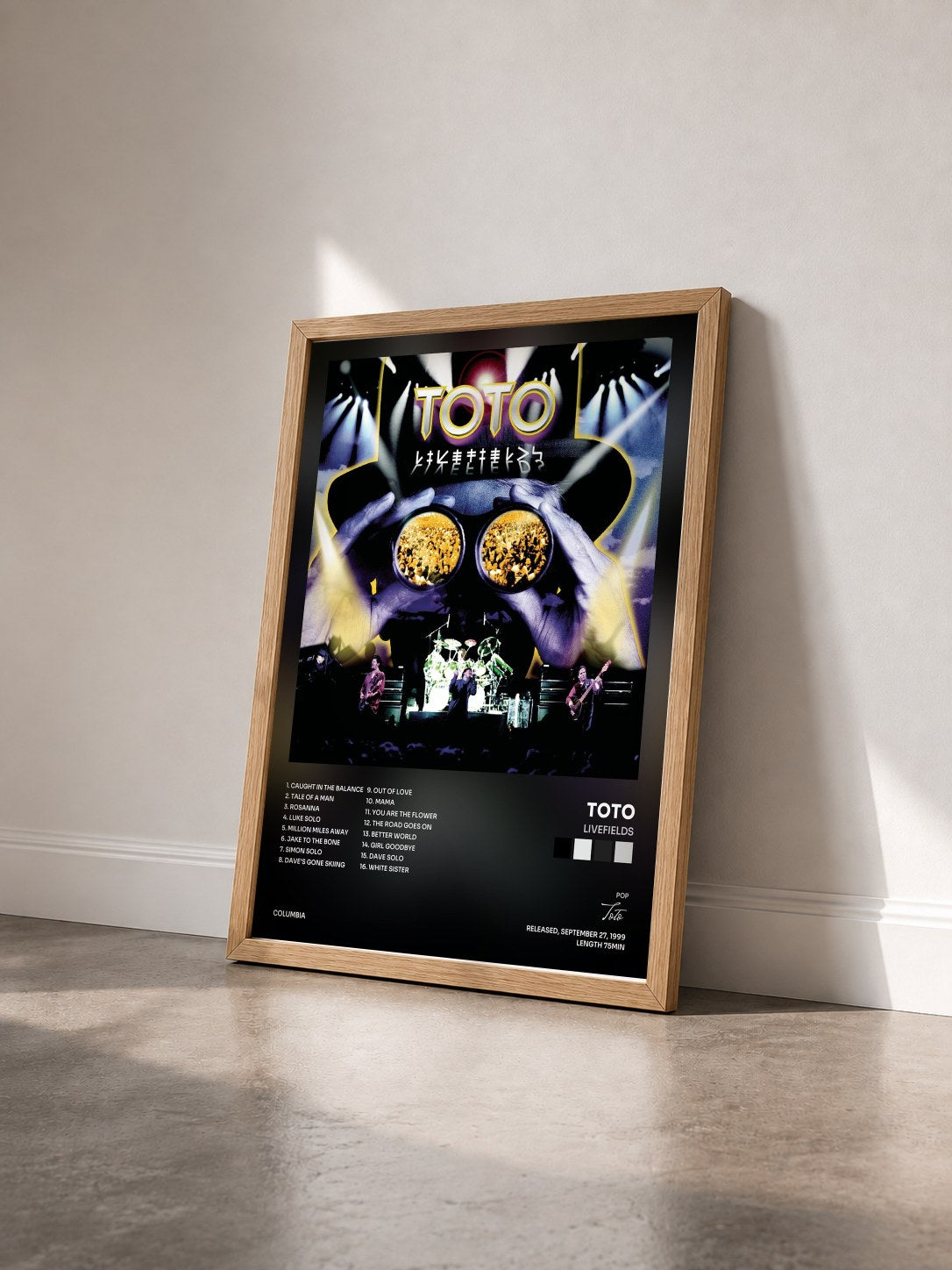 #bois Tableau de l'album Livefields de Toto vu de trois quarts, cadre en bois brut