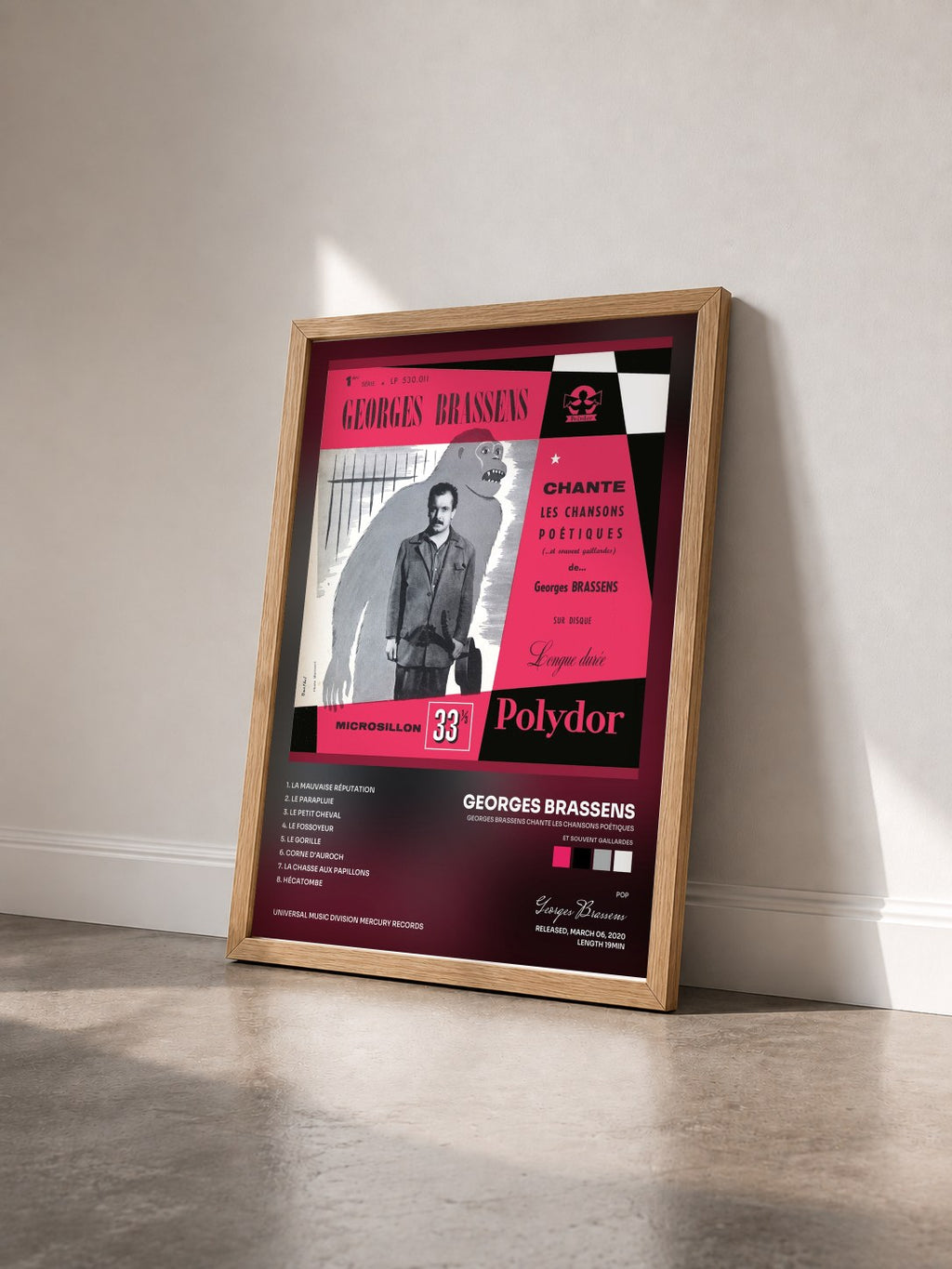 #bois Tableau de l'album Georges Brassens chante les chansons poétiques (et souvent gaillardes) N°1 de Georges Brassens vu de trois quarts, cadre en bois brut
