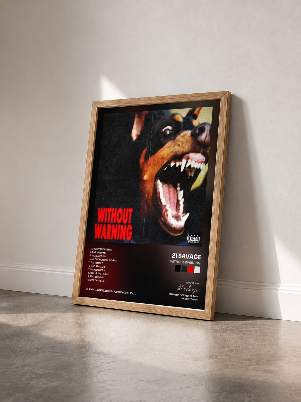 #bois Tableau de l'album Without Warning de 21 Savage vu de trois quarts, cadre en bois brut