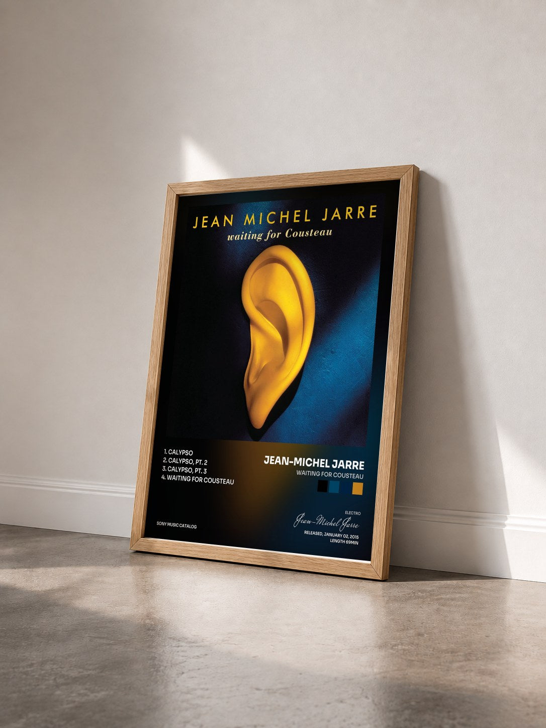 #bois Tableau de l'album Waiting for Cousteau de Jean-Michel Jarre vu de trois quarts, cadre en bois brut