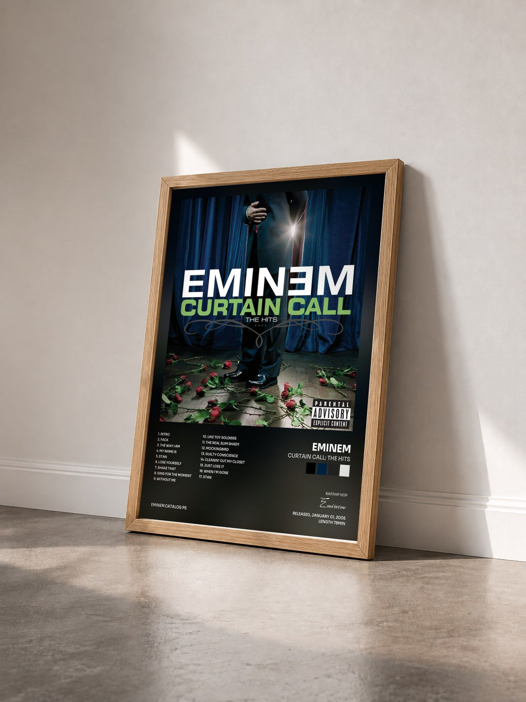 #bois Tableau de l'album Curtain Call: The Hits de Eminem vu de trois quarts, cadre en bois brut