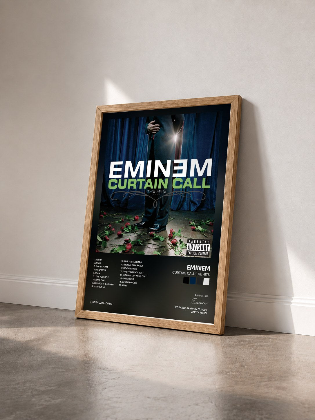 #bois Tableau de l'album Curtain Call: The Hits de Eminem vu de trois quarts, cadre en bois brut