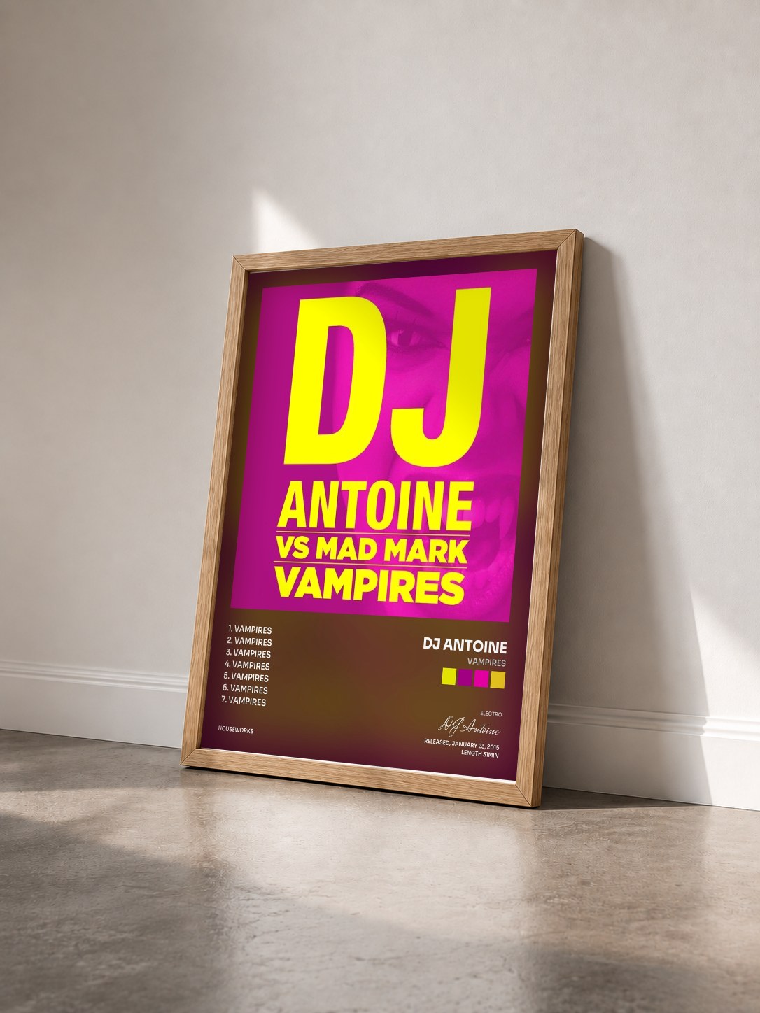 #bois Tableau de l'album Vampires de DJ Antoine vu de trois quarts, cadre en bois brut
