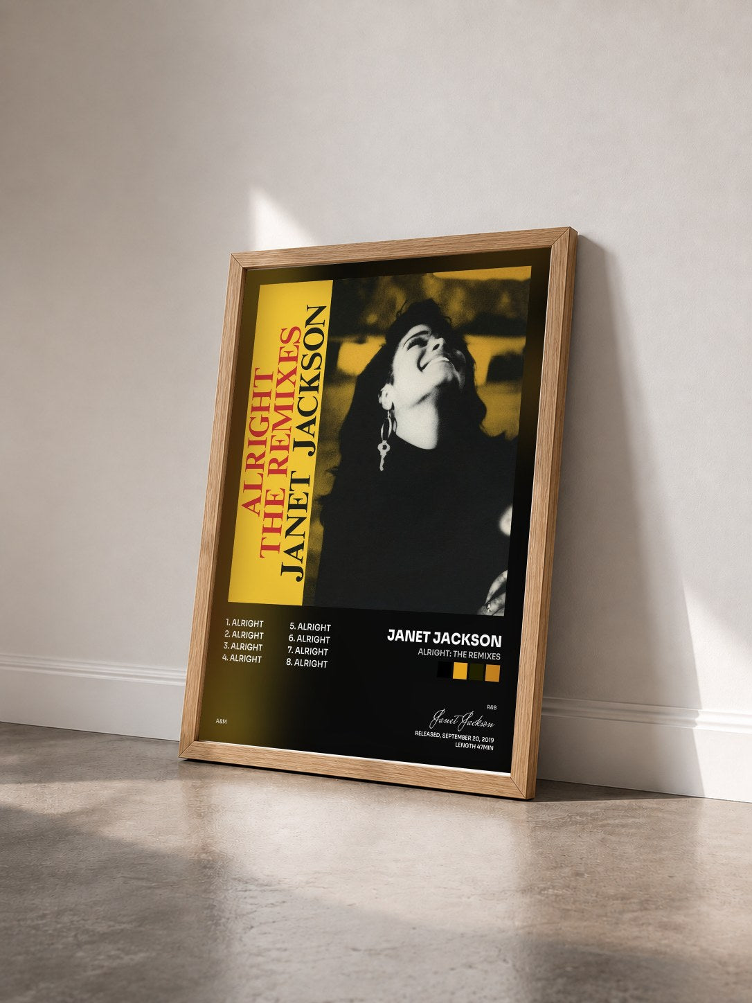 #bois Tableau de l'album Alright: The Remixes de Janet Jackson vu de trois quarts, cadre en bois brut