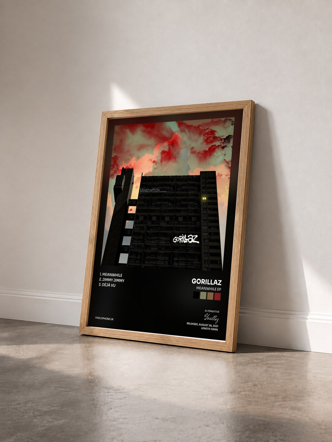#bois Tableau de l'album Meanwhile EP de Gorillaz vu de trois quarts, cadre en bois brut