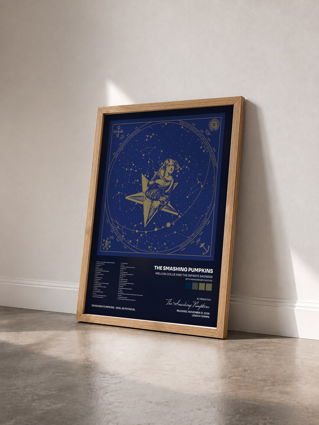 #bois Tableau de l'album Mellon Collie And The Infinite Sadness (30th Anniversary Edition) de The Smashing Pumpkins vu de trois quarts, cadre en bois brut