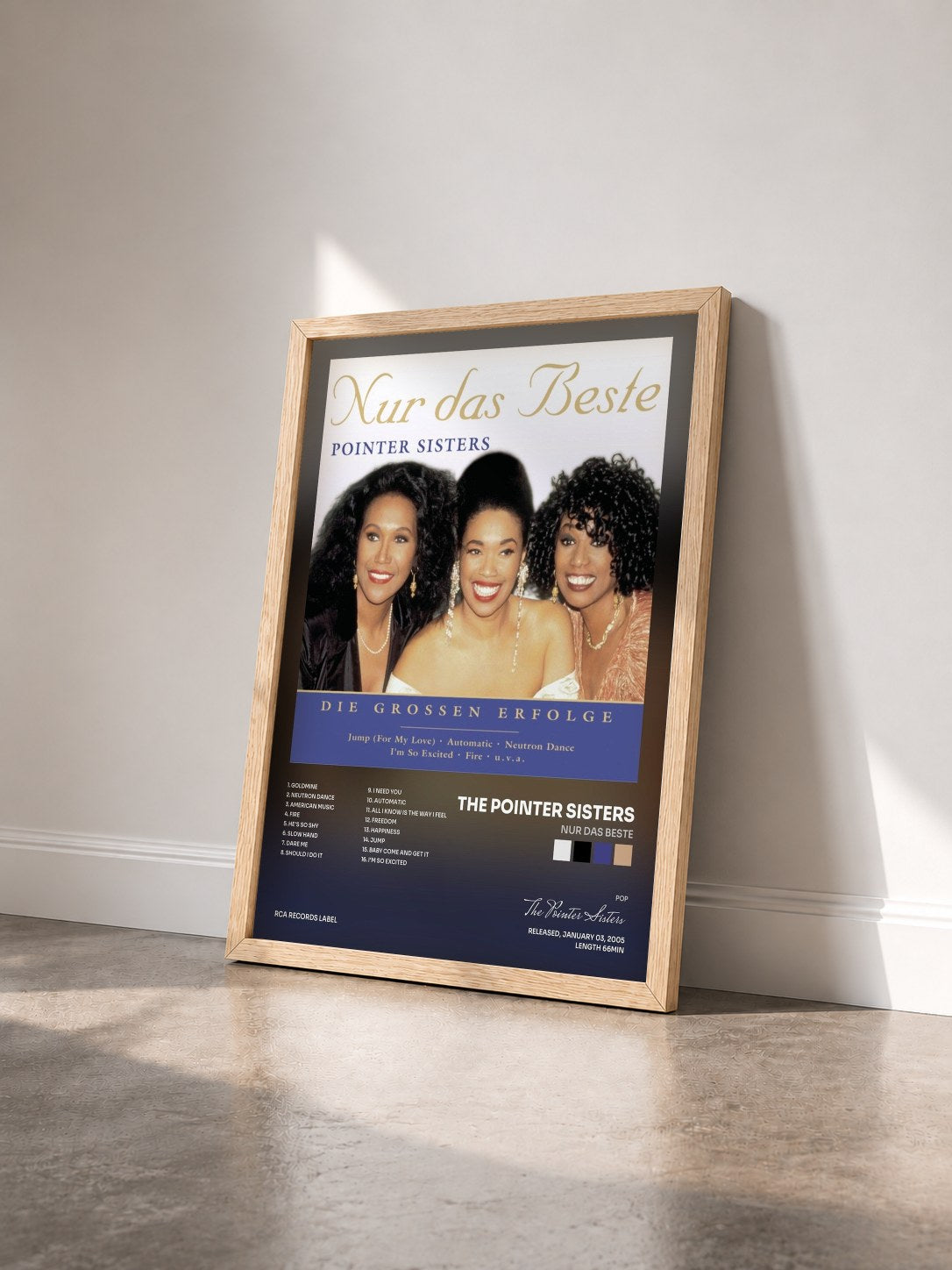 #bois Tableau de l'album Nur das Beste de The Pointer Sisters vu de trois quarts, cadre en bois brut