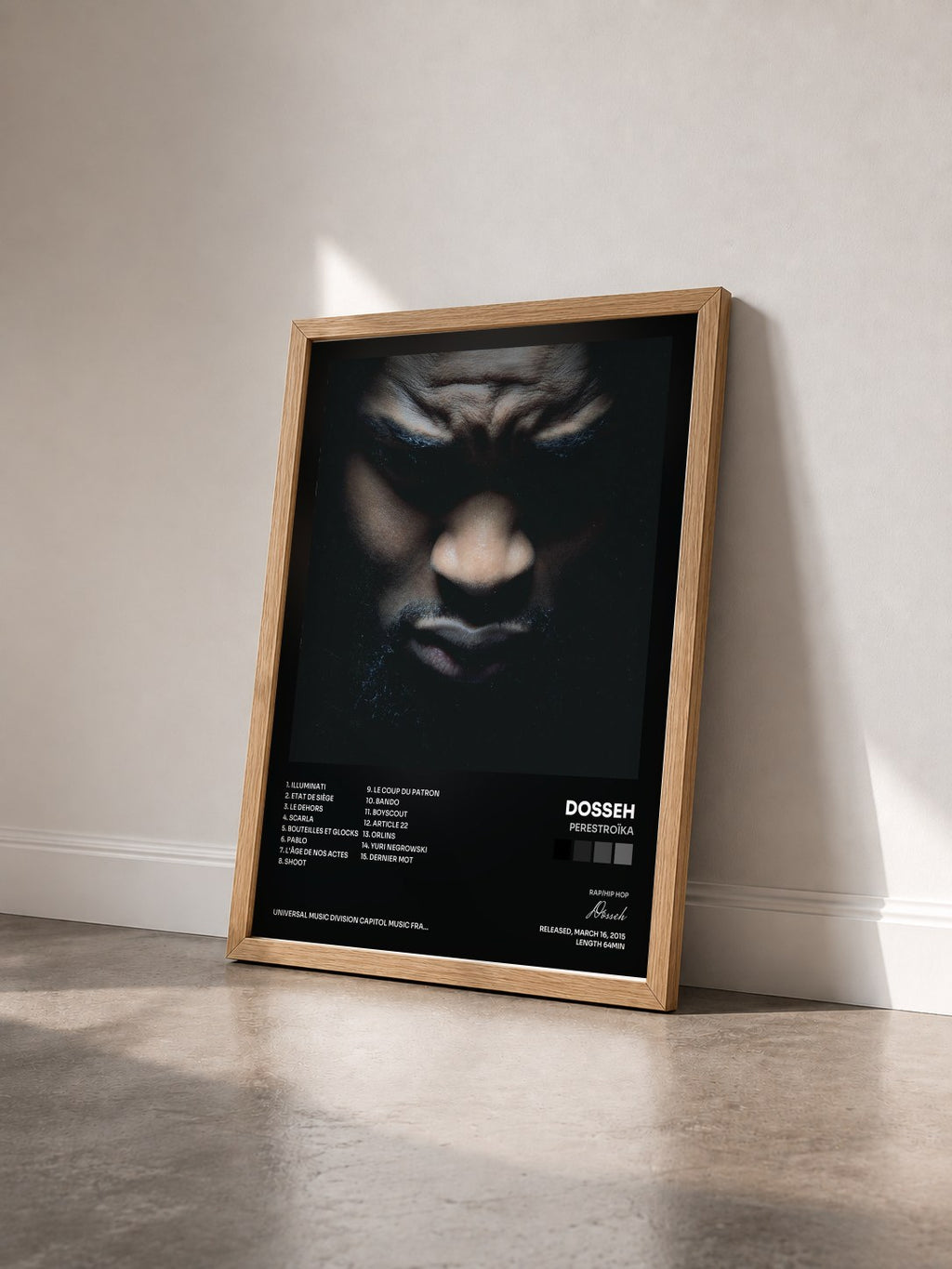 #bois Tableau de l'album Perestroïka de Dosseh vu de trois quarts, cadre en bois brut