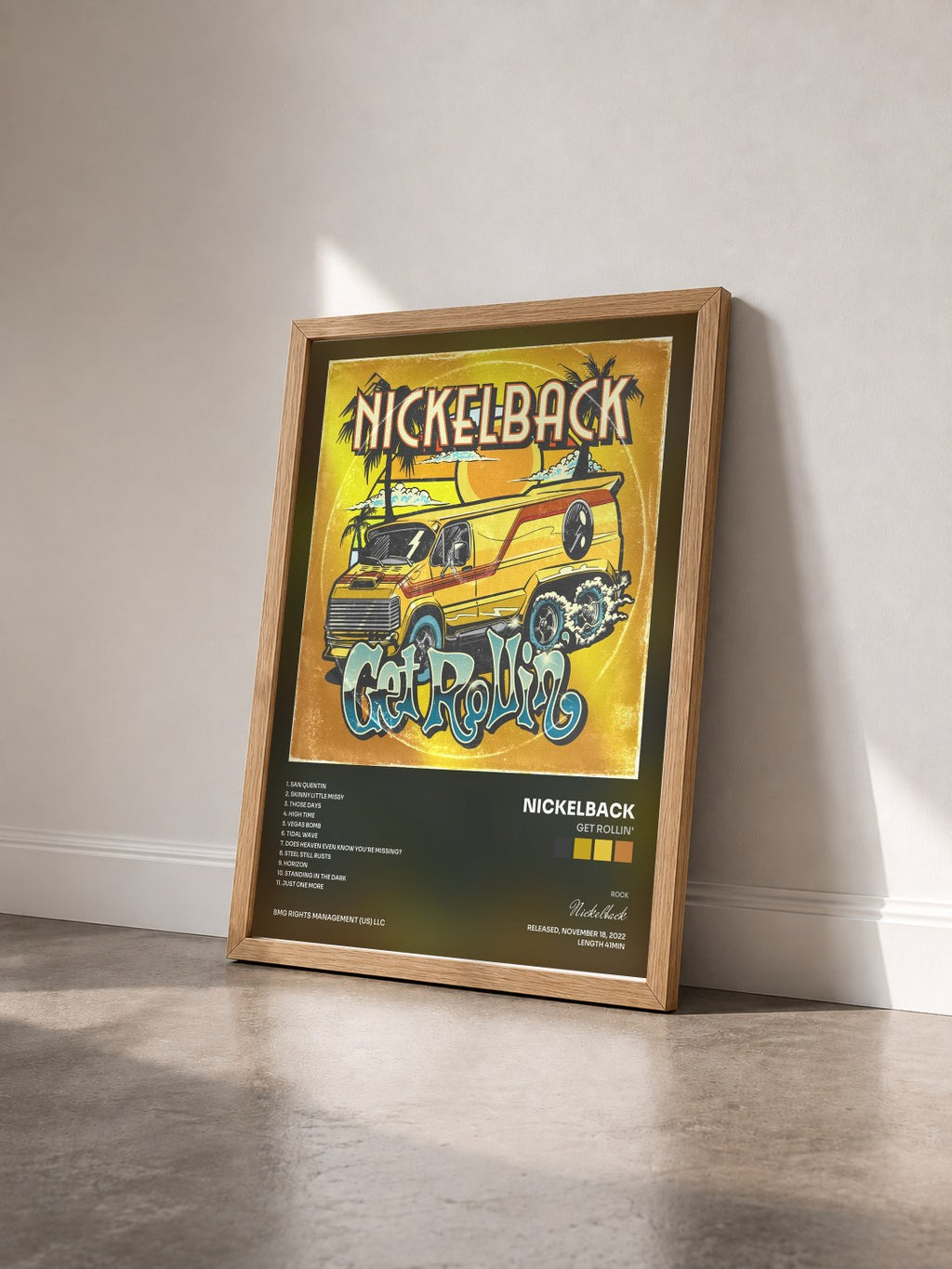 #bois Tableau de l'album Get Rollin' de Nickelback vu de trois quarts, cadre en bois brut