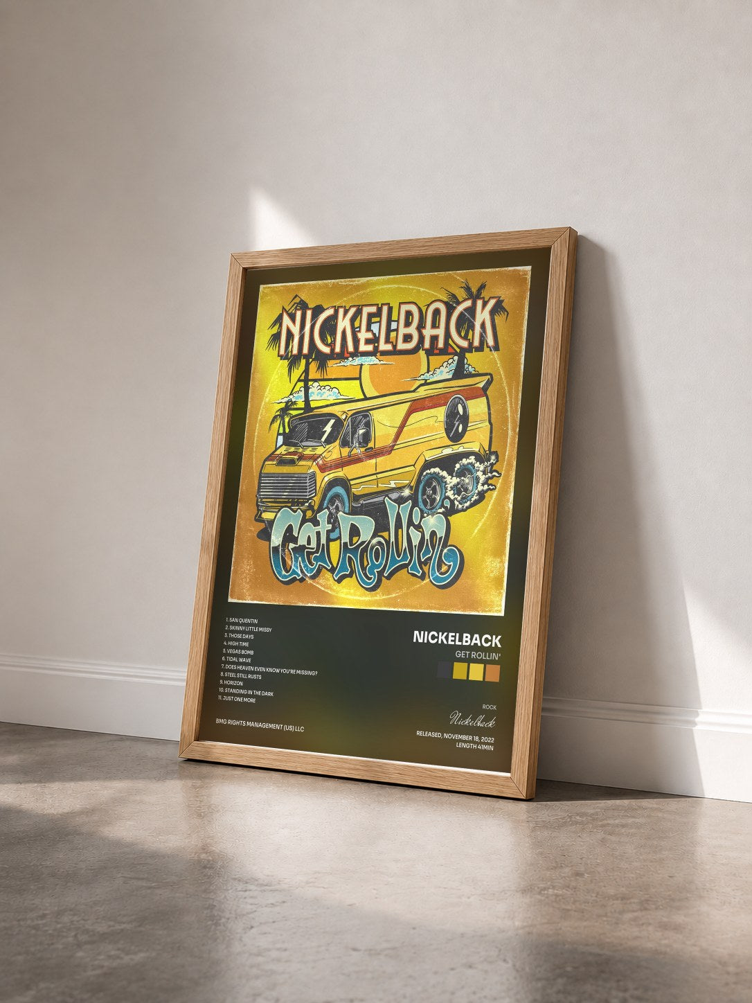 #bois Tableau de l'album Get Rollin' de Nickelback vu de trois quarts, cadre en bois brut