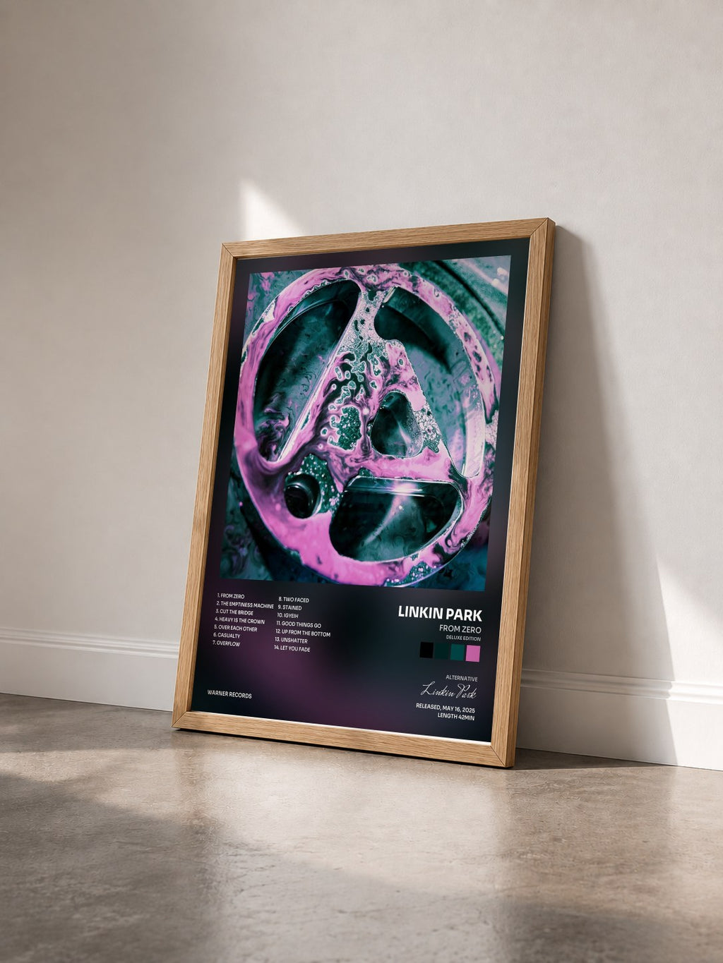 #bois Tableau de l'album From Zero (Deluxe Edition) de Linkin Park vu de trois quarts, cadre en bois brut