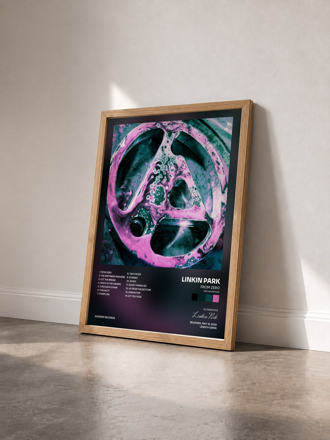 #bois Tableau de l'album From Zero (Deluxe Edition) de Linkin Park vu de trois quarts, cadre en bois brut