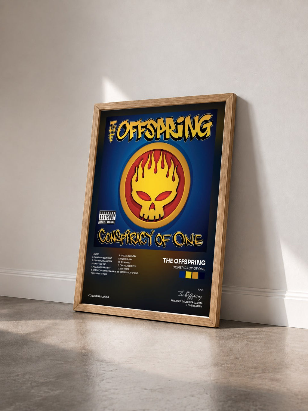 #bois Tableau de l'album Conspiracy Of One de The Offspring vu de trois quarts, cadre en bois brut